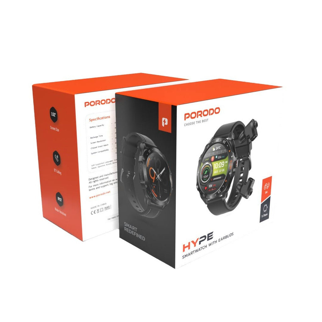 Porodo Hype Smartwatch With Earbuds (PD-HYPE-BK) Porodo Hype Smartwatch With Earbuds (PD-HYPE-BK)
